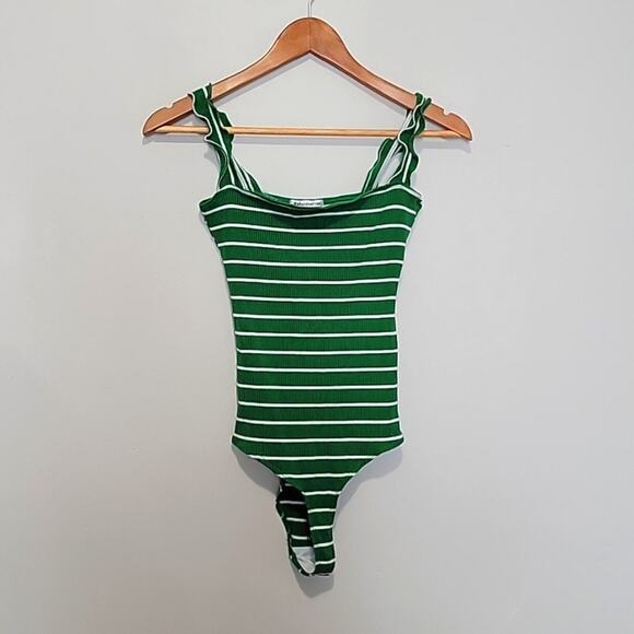 Reformation Sz M Hampton Bodysuit in Green and White - Picture 1 of 5